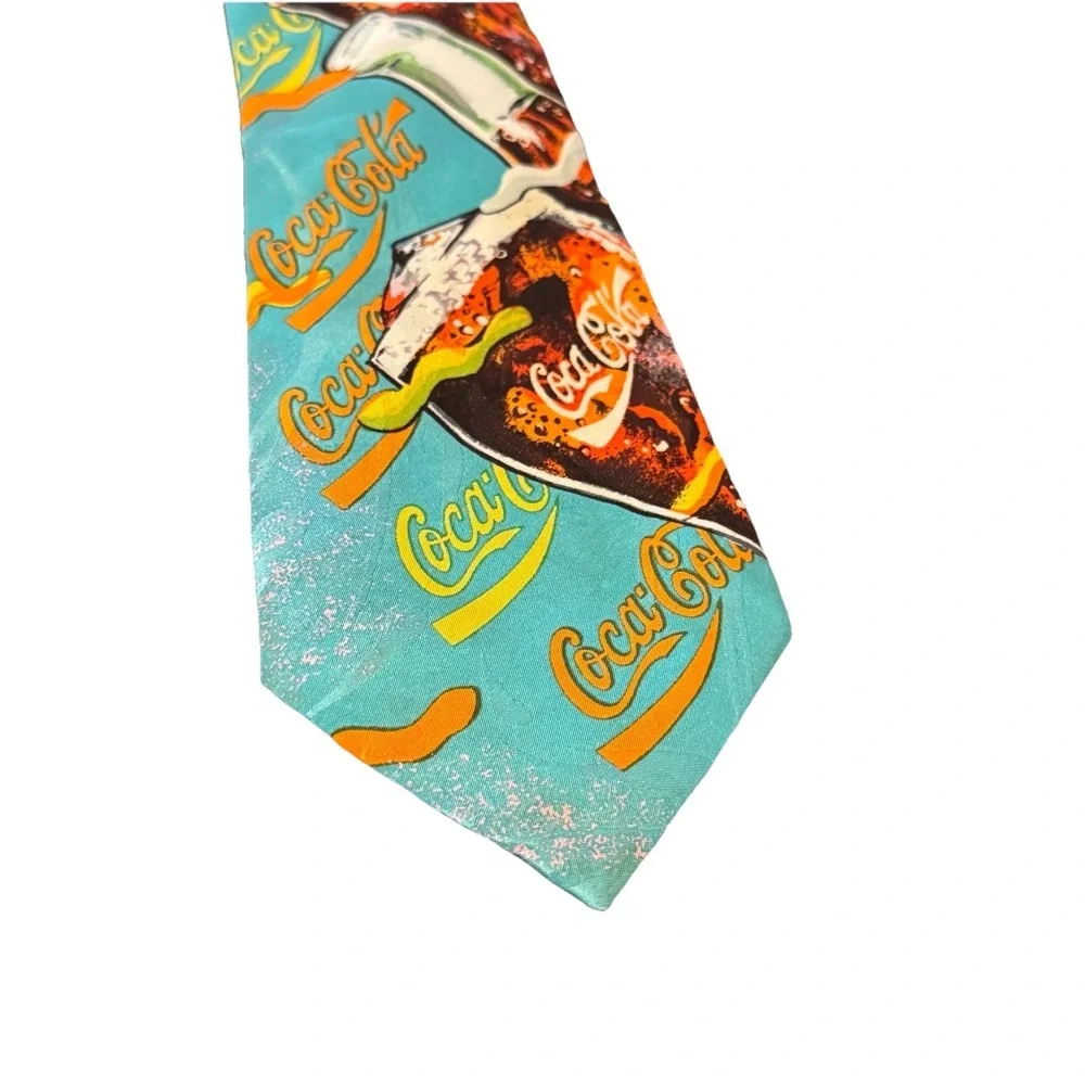Vintage Teal BLue 100% Silk NeckTie Coca-Cola Bottles Summer Novelty Drink‎ Fun